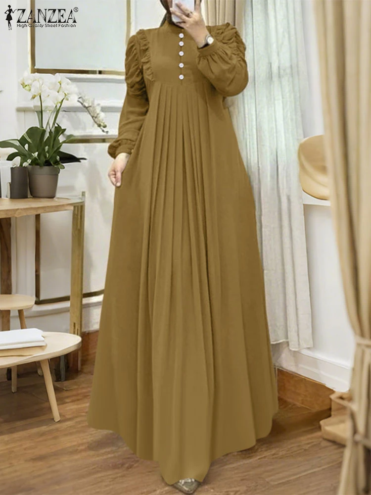 ZANZEA femmes musulmanes modeste Maxi Robes Hijabis élégant volants garniture à manches longues plissé Abaya Robes 2025 islamique Eid Robes
