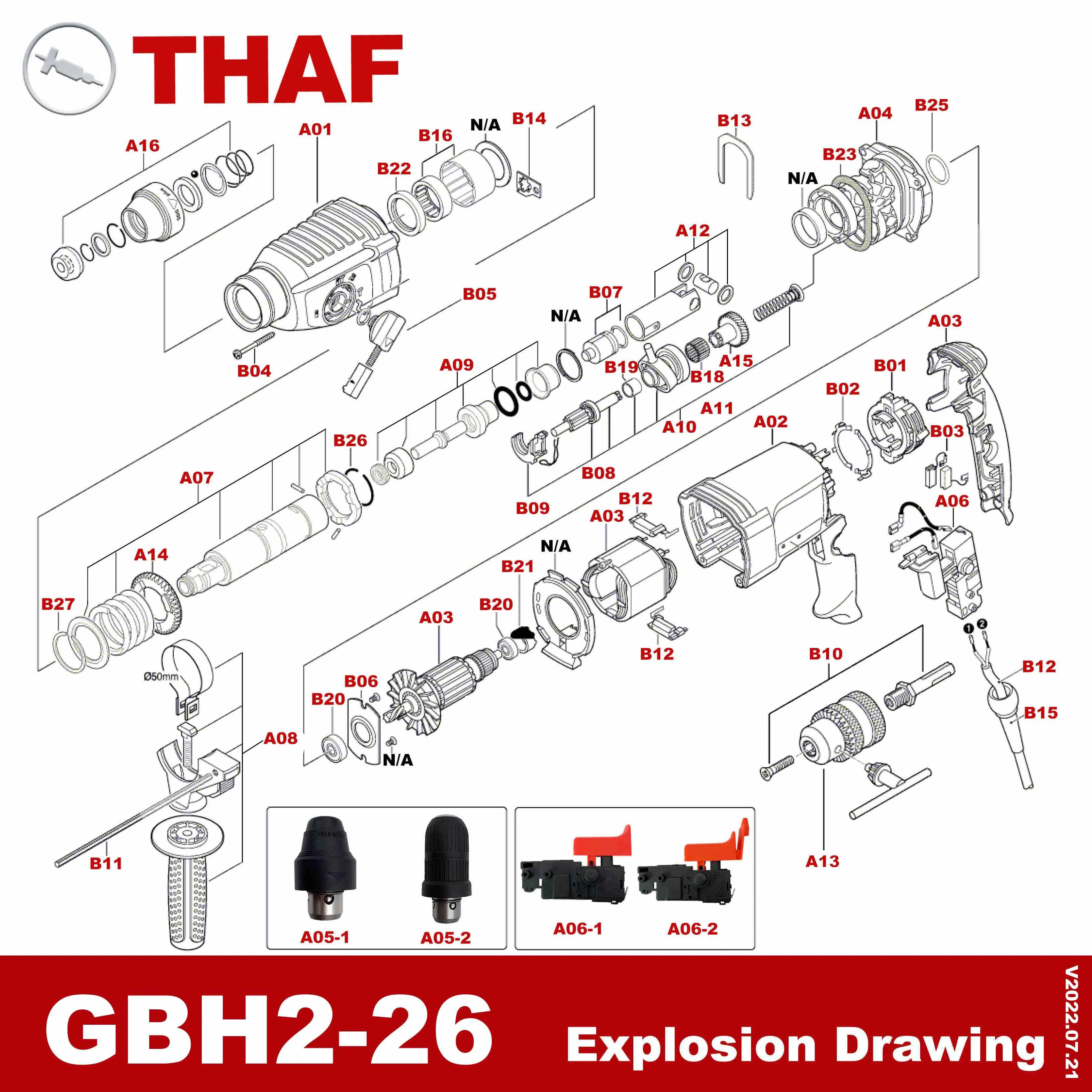 إبرة جلبة الأسطوانة تحمل استبدال قطع الغيار لبوش الكهربائية مطرقة دورانية GBH2-26 A22