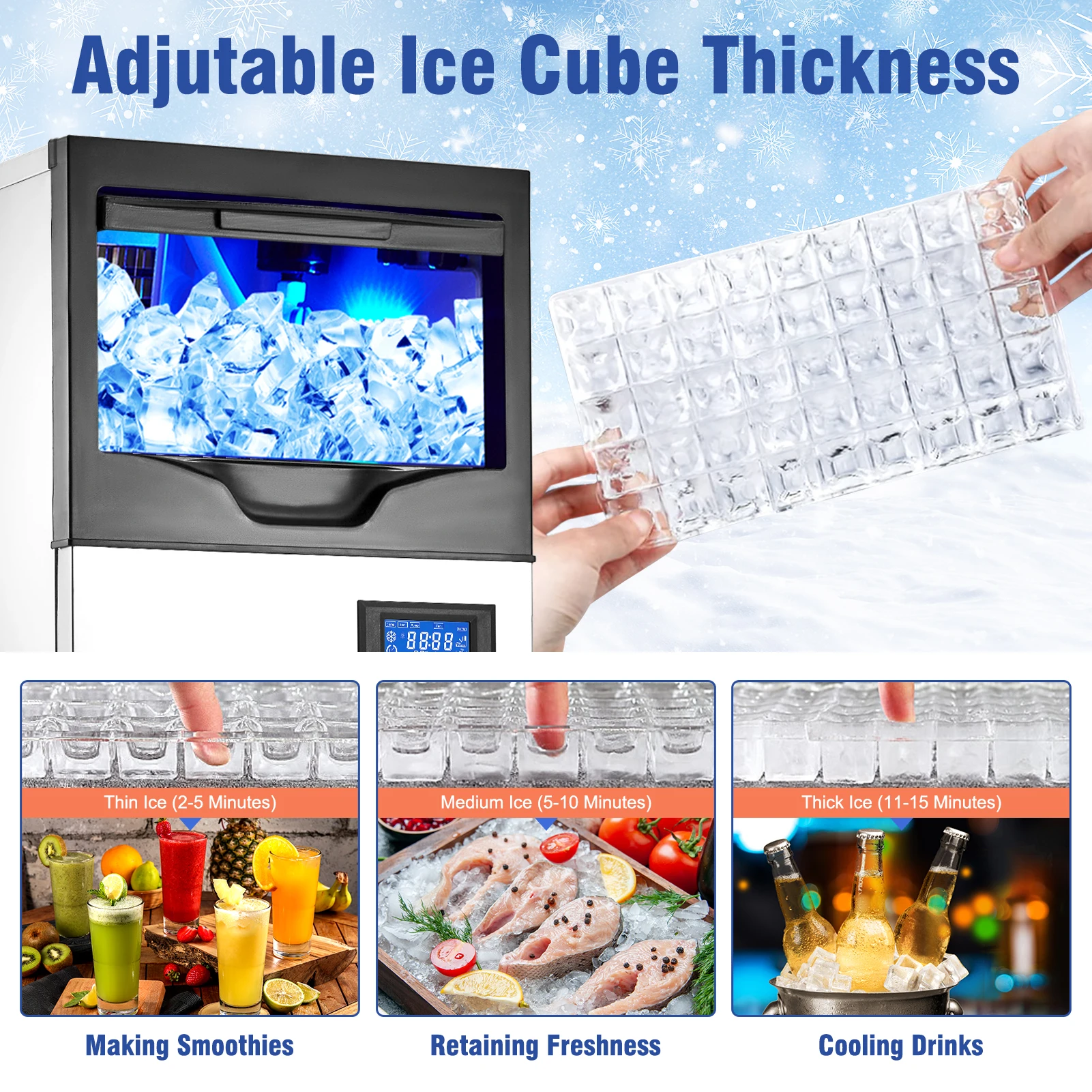 Commercial Ice Maker Machine,Freestanding/Under Counter Stainless Steel Ice Machine,90Lbs/24 Hour with 30Lbs Ice Storage Capacit