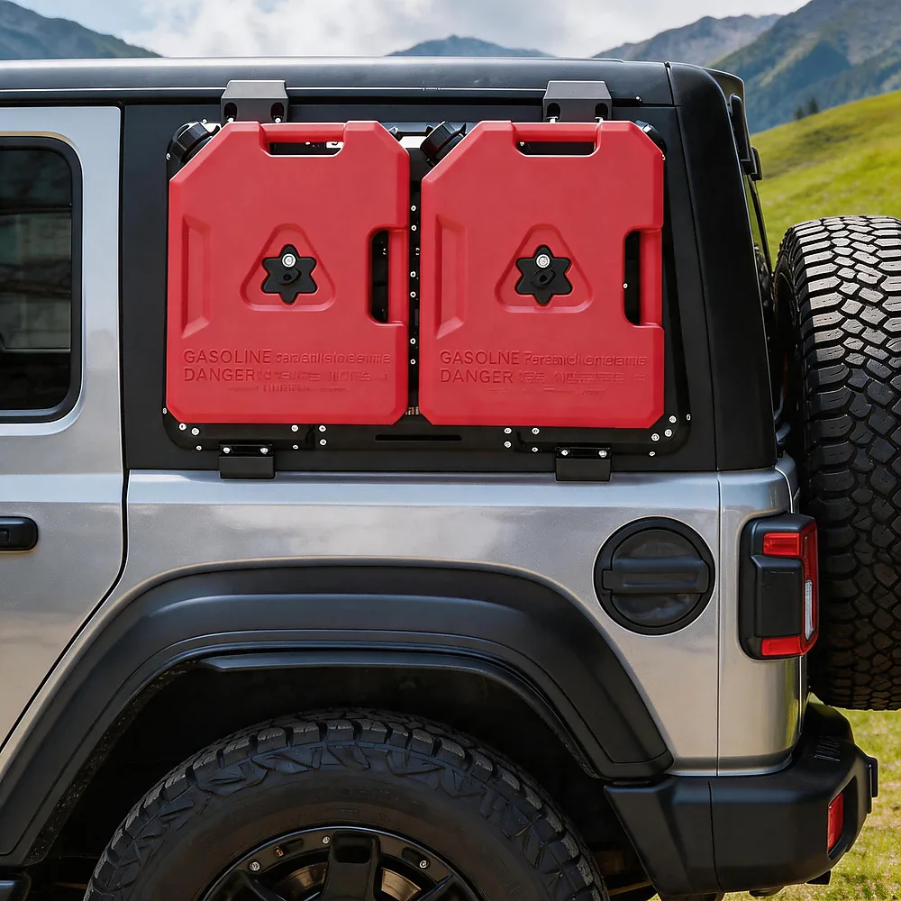 Side Mount Jerry Can for 2018-2026 Jeep Wrangler JL 4-Door, No-Drill Window Fuel/Water Tank, Heavy Duty Black, J9059