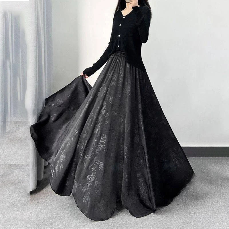 

New Chinese satin print women's spring and summer irregular swing ankle long umbrella skirt