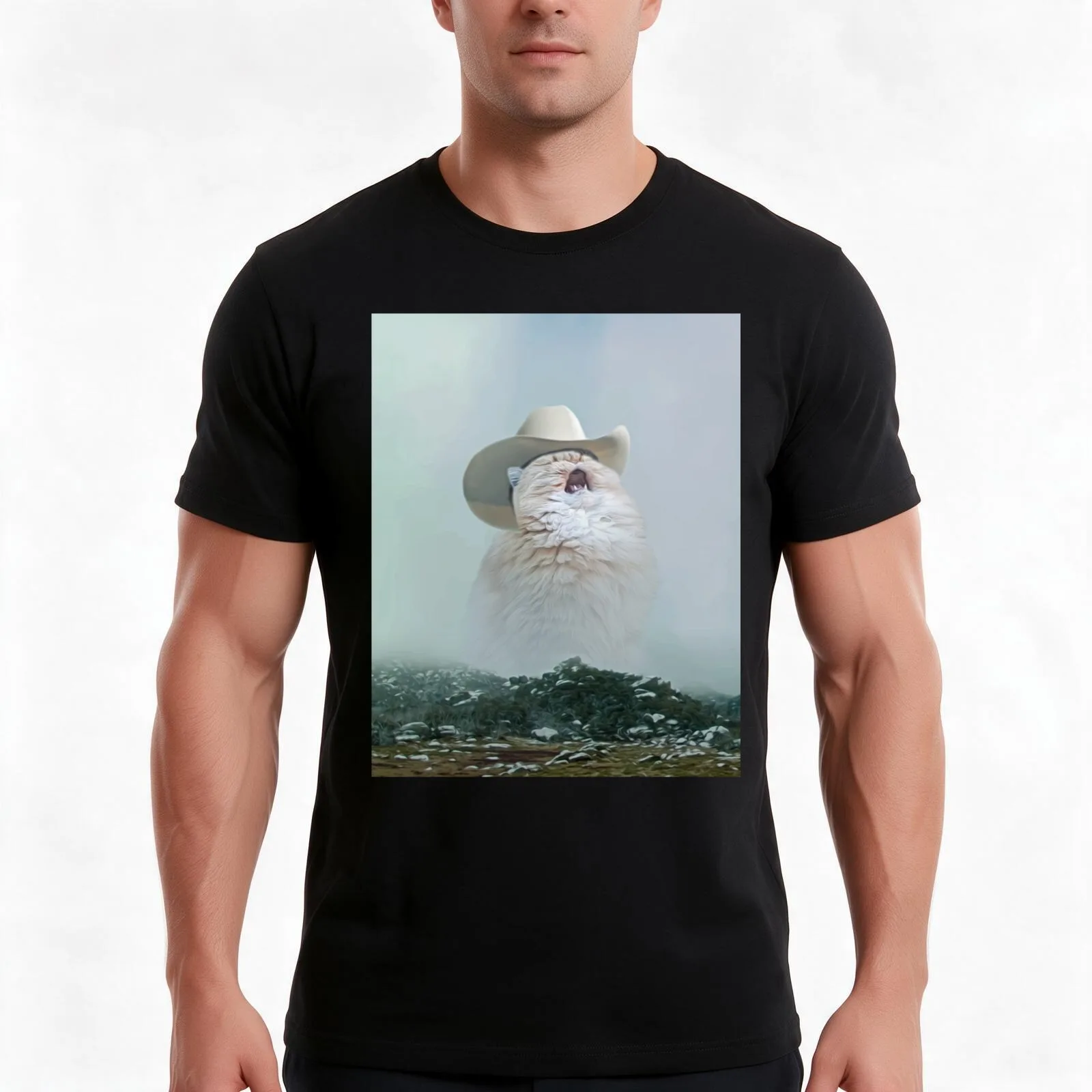 Cowboy Cat T-Shirt, Summer Casual Cotton Tee, Oversized Streetwear Tops, Vintage Graphic Print, Loose Fit Short Sleeve