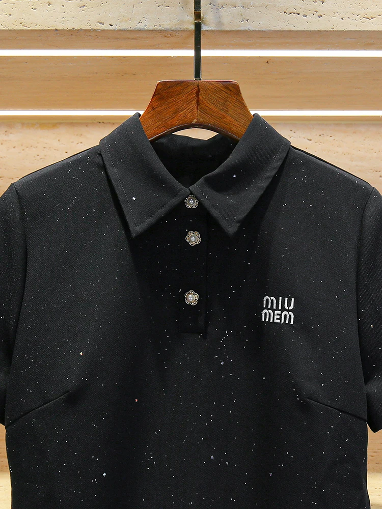 미움엠 하이웨이스트 스팽글 플립 칼라 벨티드 여성 가을 컬리지 스타일 A라인 스커트