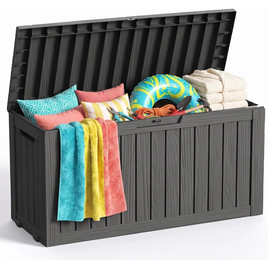 Large Outdoor Storage Box with Wheels: weather-resistant polypropylene, charcoal gray, 150-gallon capacity, lockable lid, smoot
