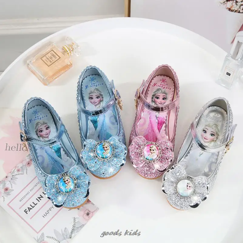 Disney New Children Elsa Party Leather Sandals Girls PU High Heel Kids Shoes For Girl Single Shoes Dance Dress Shoes Gift