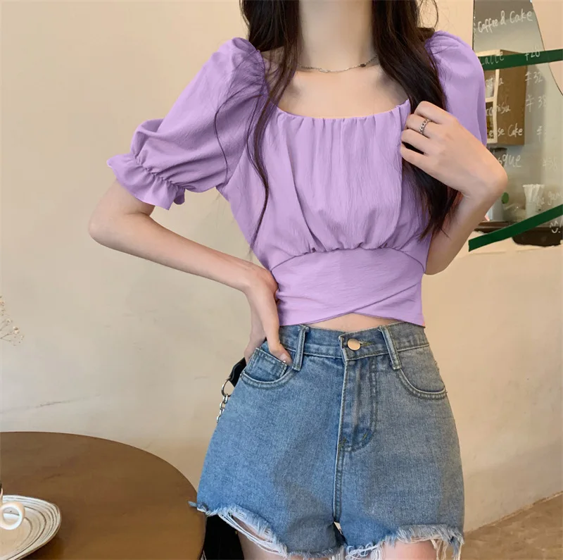 Women Soft Square Neck Crop Top Gathered Bust Puff Ruffle Short Sleeve Cross Wrap Waist Slim Fit Casual Blouse