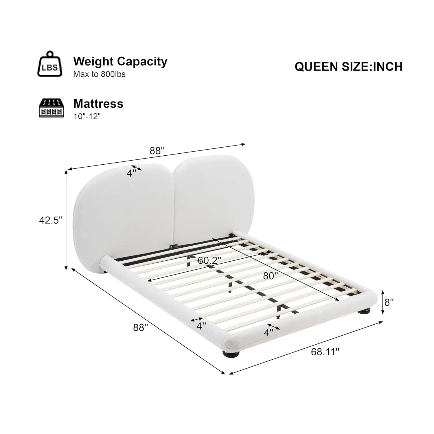 Queen Upholstered Platform Bed Teddy Fleece Split Curved Headboard 800Lbs No Box Spring, Customized