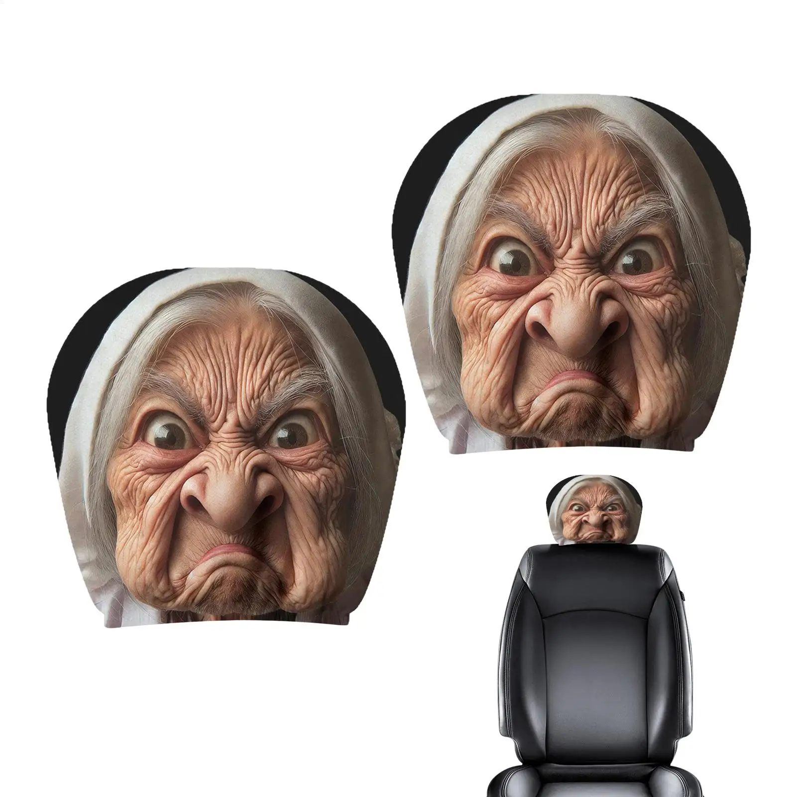 Universal Funny Old Lady Face Printed Car Headrest Cover 2Pcs Elastic Washable Auto Head Protector Fashion Car Decor for Daily