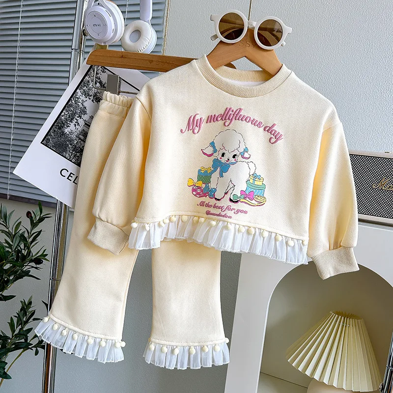 

Girls' Set 2023 Autumn New Lace Spliced Cartoon Long Sleeve Tops Pullover Casual Flare Pants Two Piece Suit 2-7Years Old