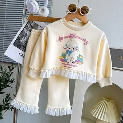 Girls' Set 2023 Autumn New Lace Spliced Cartoon Long Sleeve Tops Pullover Casual Flare Pants Two Piece Suit 2-7Years Old