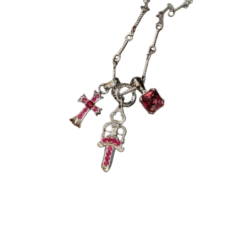 

Sterling Silver Ruby-Adorned Sword & Cross Pendant Necklace: Bold Gothic-Chic Accessory
