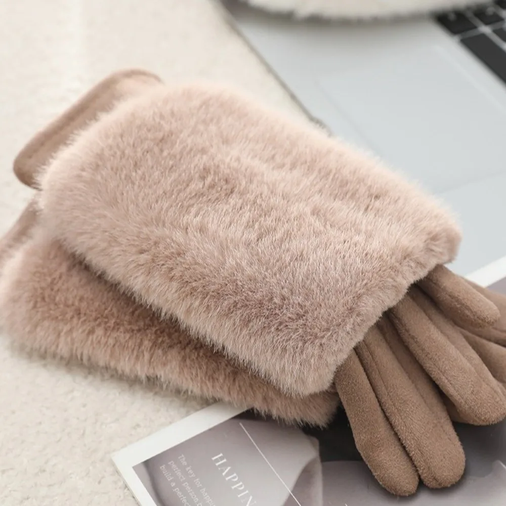 Thickened Suede Thermal Gloves Detachable Lining Solid Color Touch Screen Gloves Winter Warm Windproof Faux Fur Gloves for Women