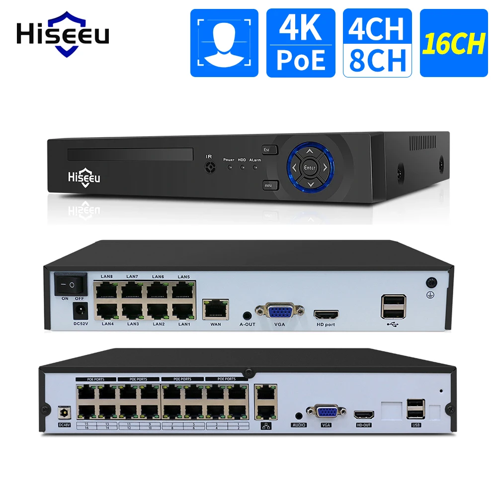 

Hiseeu H.265+ 4K 8CH 16CH POE NVR For IP Camera 5MP 8MP Home Audio Record Face Detect Security Surveillance CCTV System XMEye