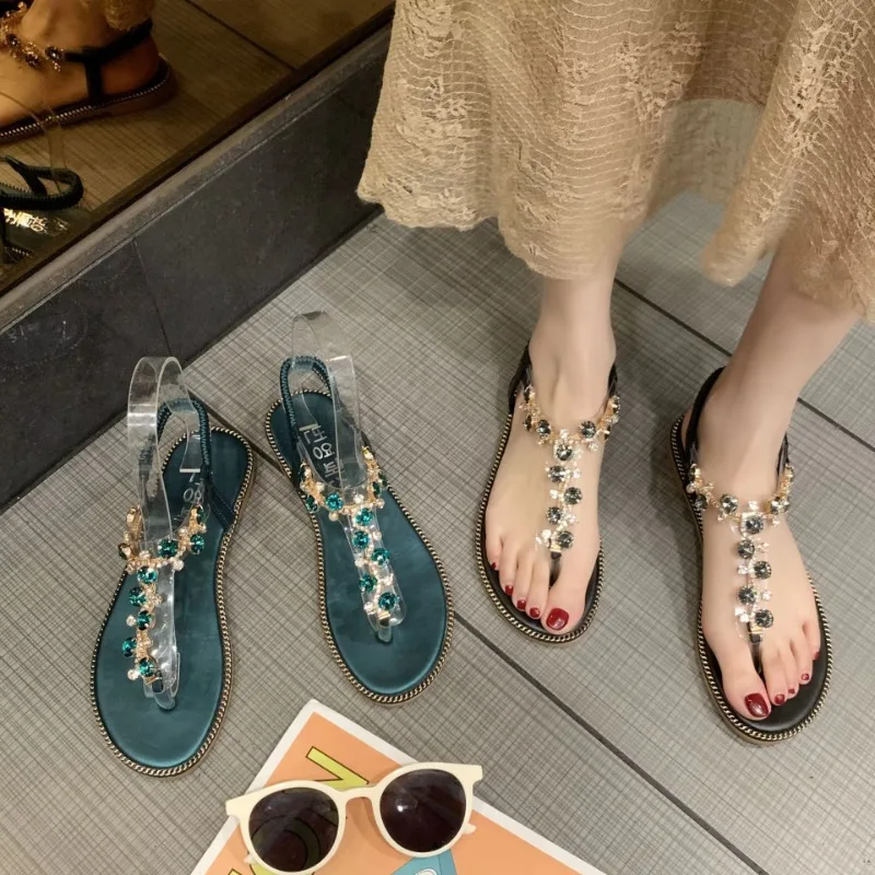 

New Women Sandals Summer Low Heel Rome Style Rhinestone Sandals Women Fashion Closed Toe Sandals Women Comfortable Beach Shoes