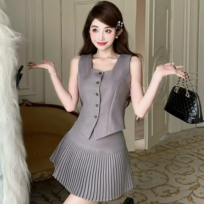 High Quality Korean Elegant Fashion OL 2 Piece Sets Women Outfit Casual Vest Tops + Pleated Skirt Set Sweet Two Piece Suits