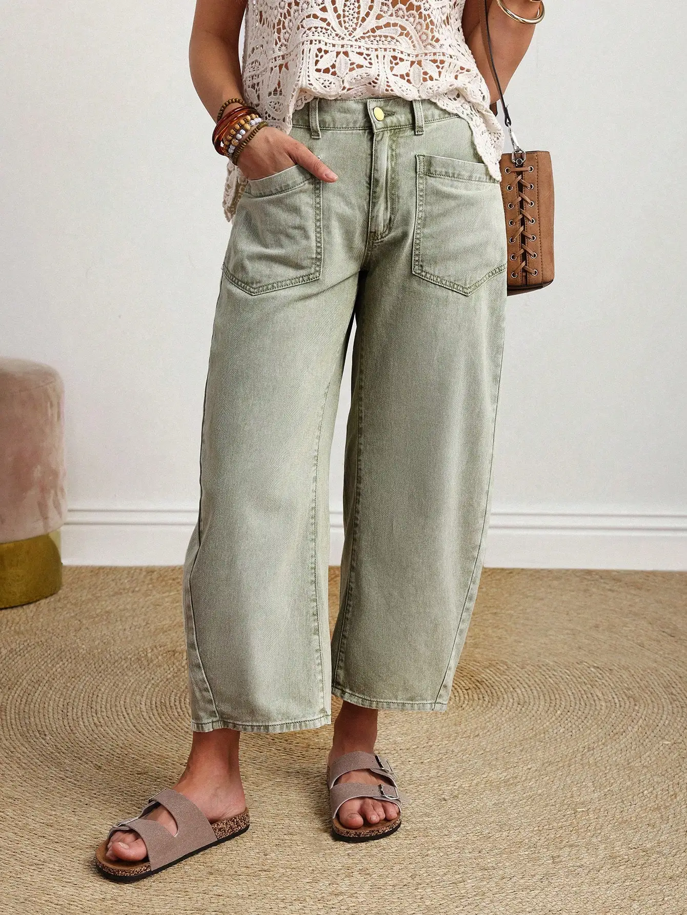 

Women's Light Green Wide Leg Cropped Jeans with Front Pockets, High Waist Loose Fit for Summer Casual Wear