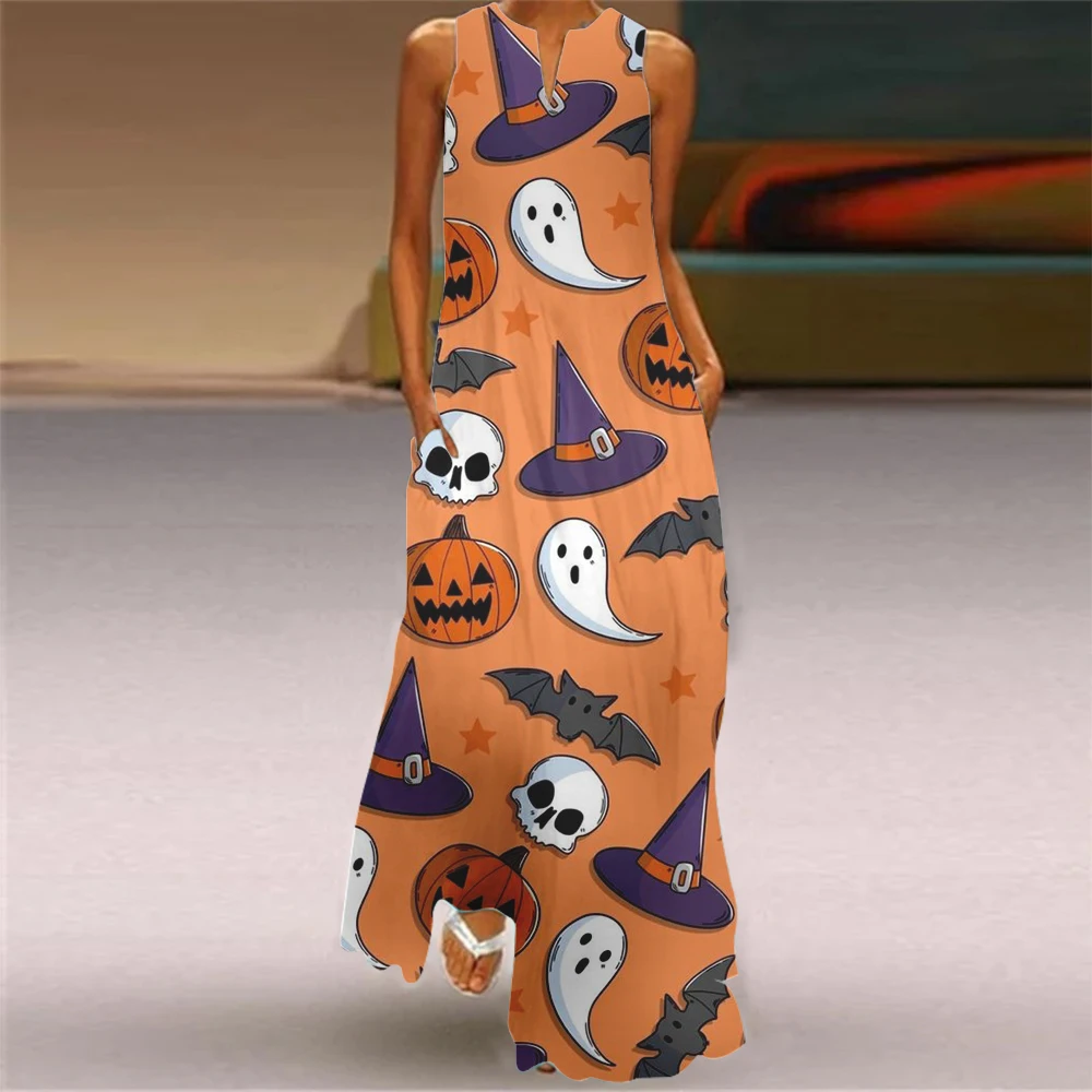 Bat Skull Print Hollow V-neck Ankle-length Festive Dress 2024 Street Style Sexy Dress Holiday Party Dinner Long Evening Dress