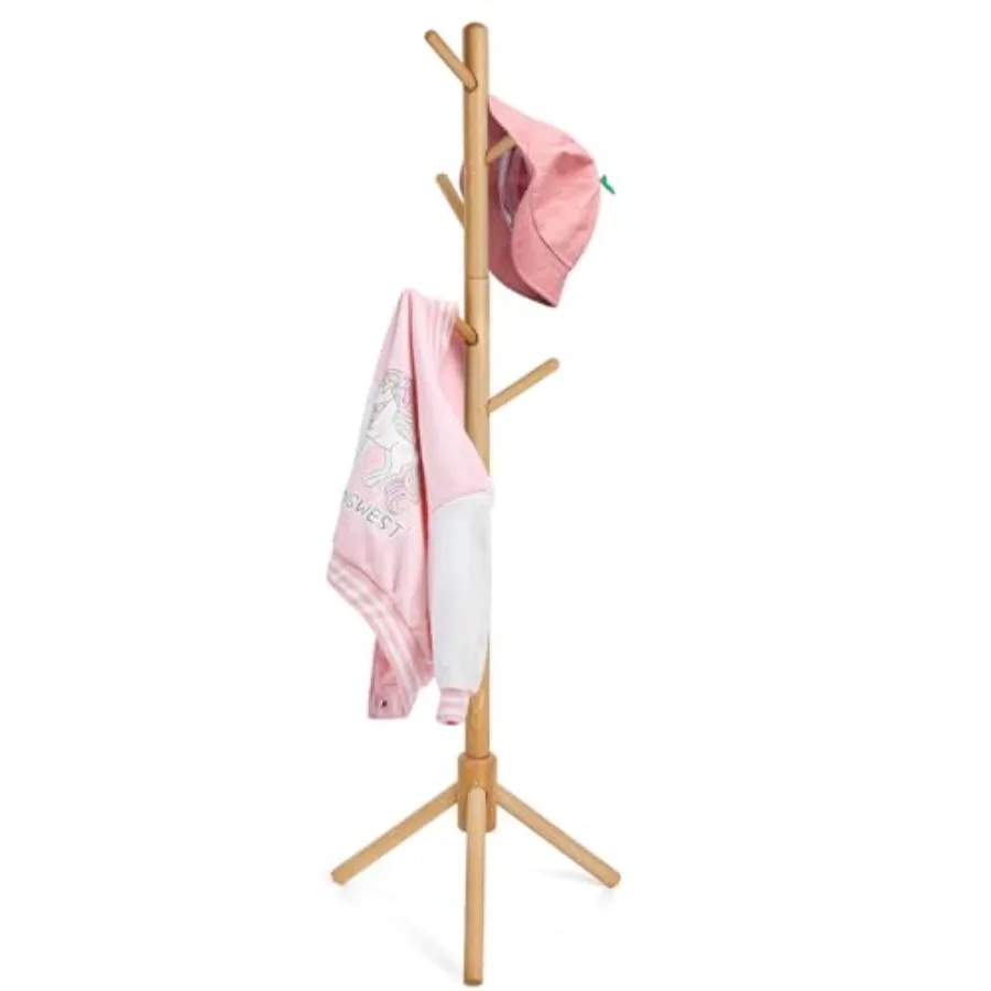 

Kid's Coat Rack Stand Beech Wood Clothes Tree, Height Adjustable Freestanding Child Jacket Holder with 9 Hooks, Hanging Hats an