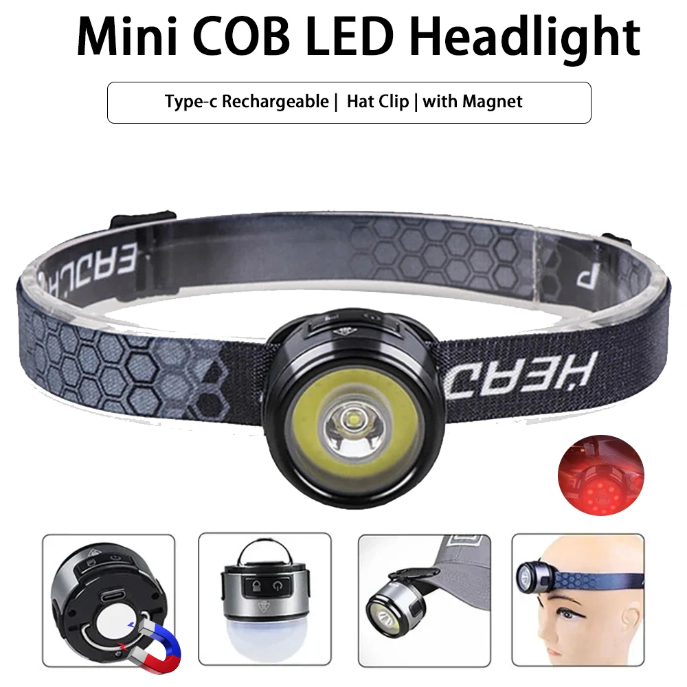 Multifunctional LED Magnetic Headlamp Portable Type-c Rechargeable Cap Clip Work Light Outdoors Fishing Camping Head Flashlight