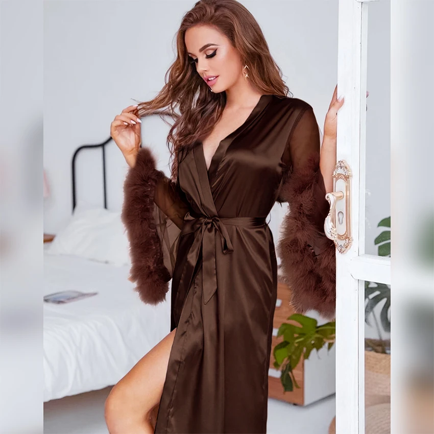 Hiloc See Through Satin Pajamas With Feathers Robes Patchwork Sexy Robe Long Flare Sleeves Sleepwear Women\'S Dressing Gown 2024