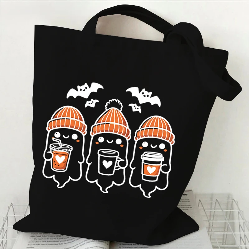 Shoulder Bag Cute Coffee Ghosts Canvas Tote Bag Women Halloween Ghost Shopping Bag Student Cartoon Style Female Reusable Handbag