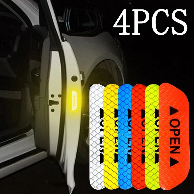 4Pcs Car Door Reflective Stickers OPEN High Reflective Tape Safety Warning Mark Auto Styling Decor Decal Sticker Exterior Decals