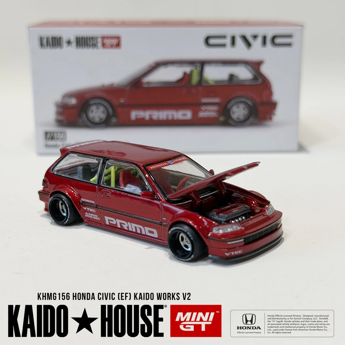 Kaido House KHMG156 1:64 Honda Civic EF Kaido Works V2 Gloss Red PRIMO Livery Openable Hood JDM Diecast Model Car In Stock