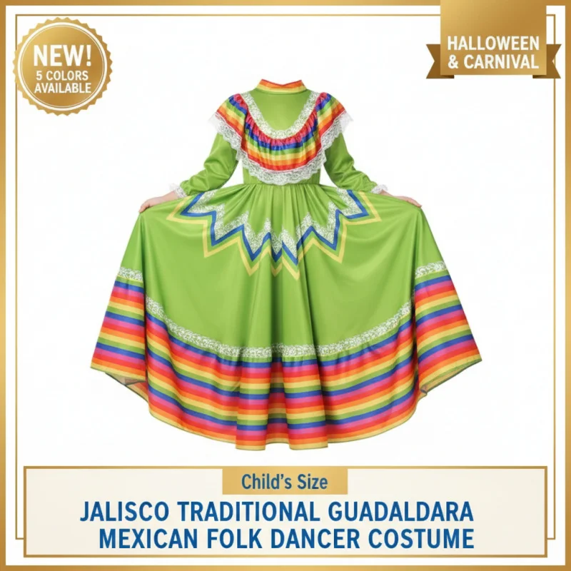 ☆ YunCos Disfraz de bailarina folclórica mexicana para niños, vestido tradicional de Jalisco, Guadalajara, Halloween, Carnaval, 5 colores ☆