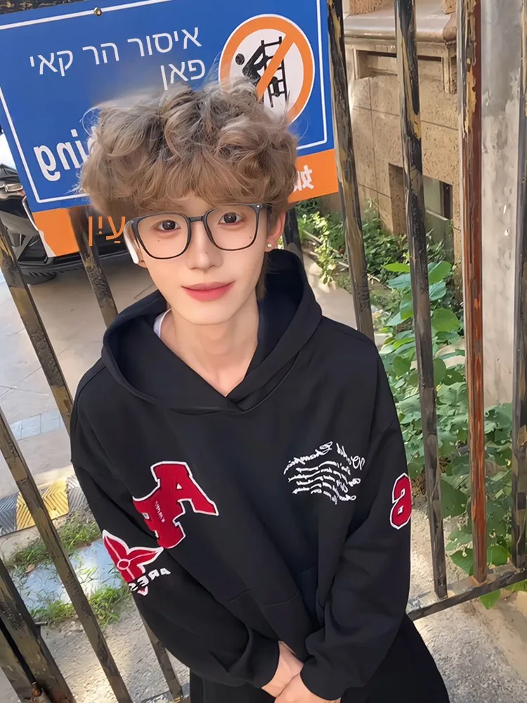 American Style Letter Embroidery Hoodie Men Early Autumn Casual Loose Outerwear Youth Trendy Brand Couple Tops Polyester Fiber