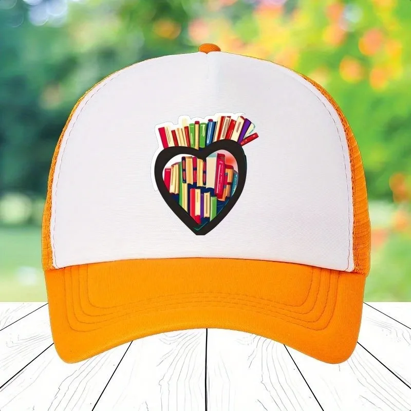 Men's Baseball Cap Book Lover Heart Design with Books, Two-Tone Orange/White Hats for Readers, Teachers, Students
