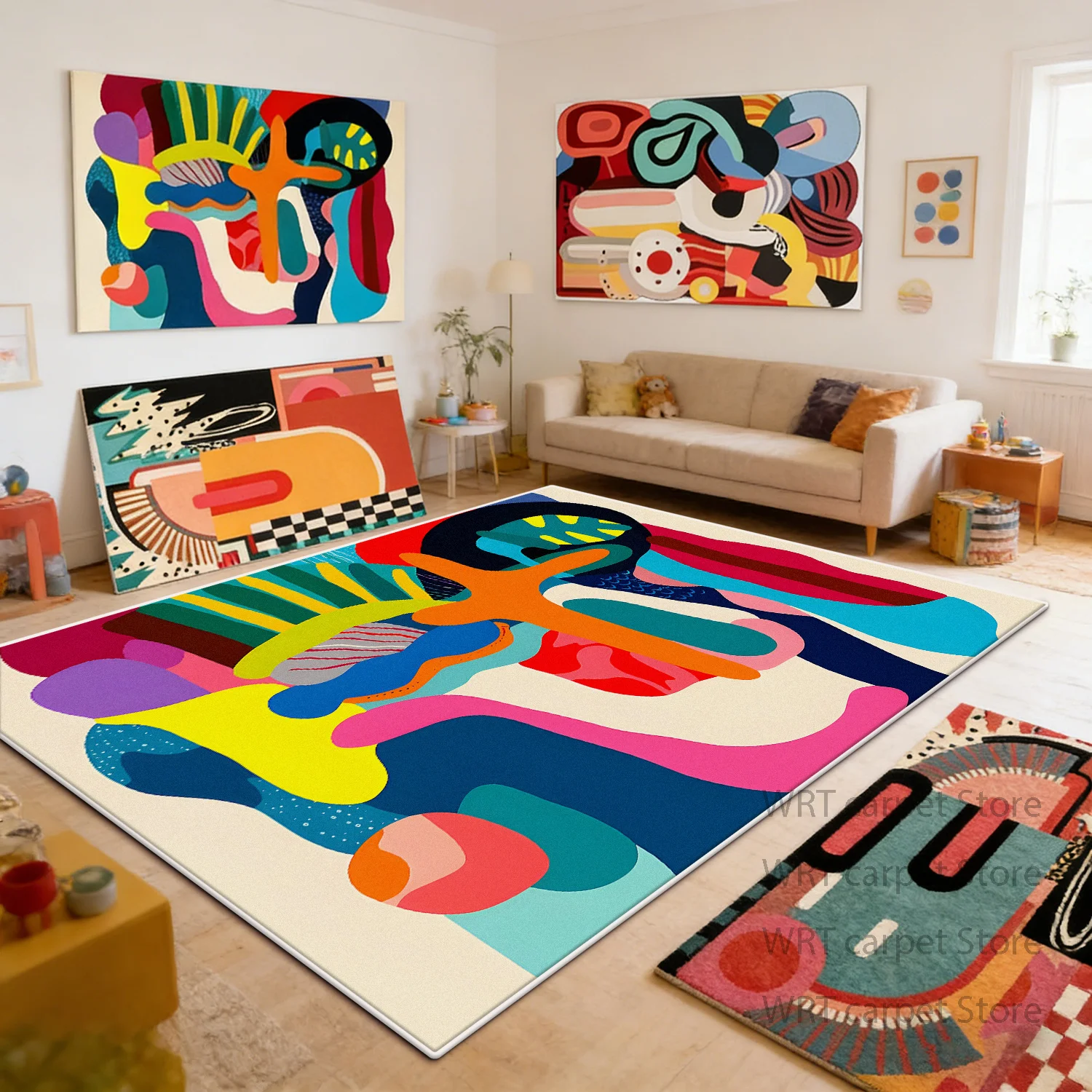 

Ковер в стиле абстрактного искусства для гостиной, детский коврик с граффити, цветной декор, большой ковер для спальни, нескользящий, моющийся, для ползания младенцев