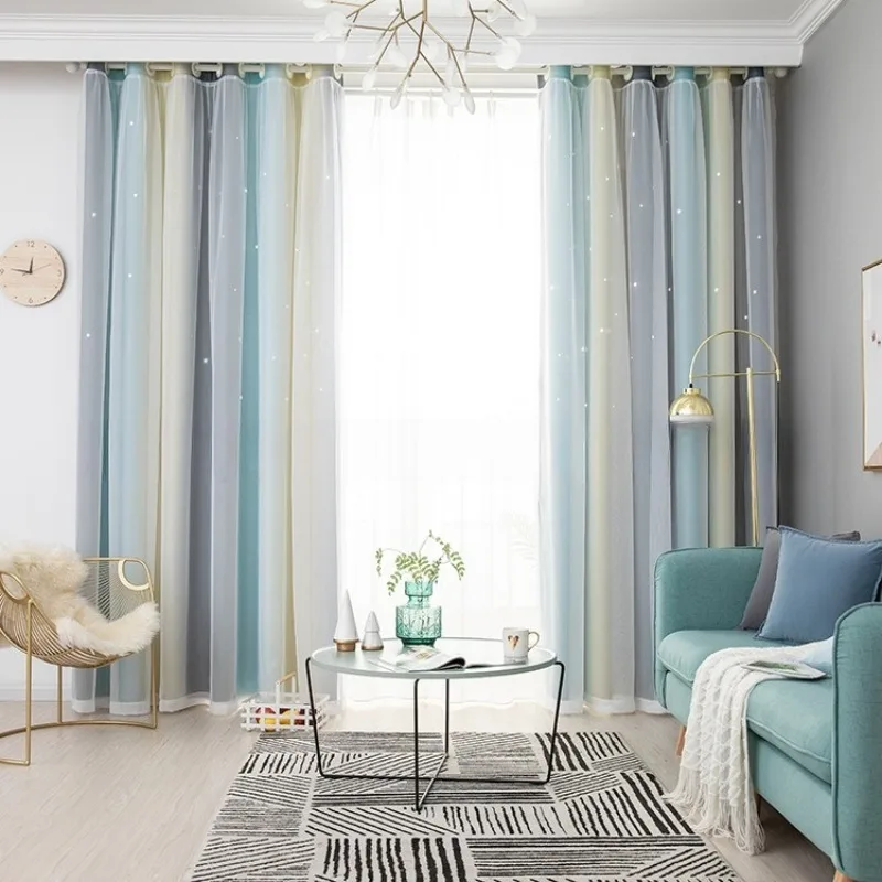 Gradual change hollow star printed cloth and yarn, double blackout curtains
