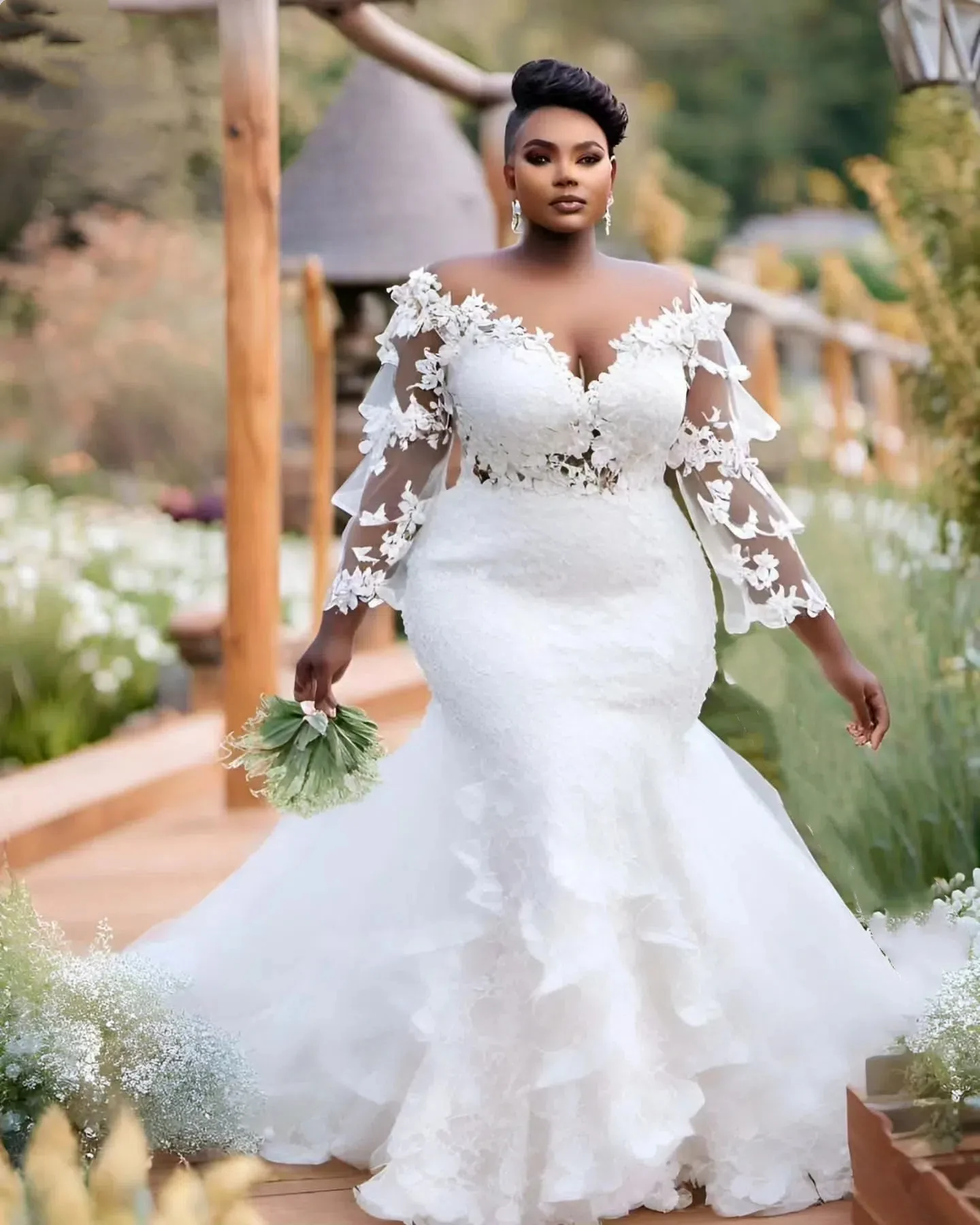 Hot Mermaid Aso Ebi Plus Size White Lace Wedding Ddress Sexy Sweetheart Transparent Collar Long Sleeve Wedding Dress Customized