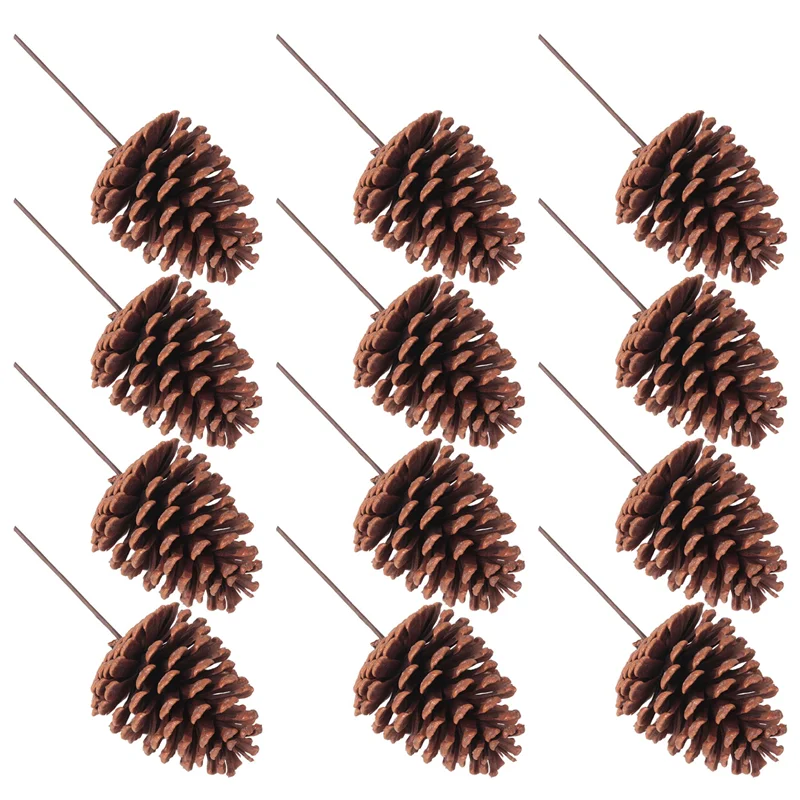 A18E-12 szt. Naturalne szyszki sosnowe, świąteczne sprayy z szyszkami, średnie szyszki z drucianymi łodygami, wysokość 21 cm, na Boże Narodzenie