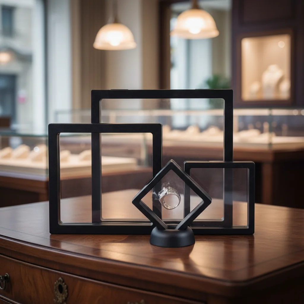 

Черный 3D-дисплей с эффектом плавающих предметов в рамке для хранения ювелирных украшений: колец, серег, ожерелий, аксессуаров.