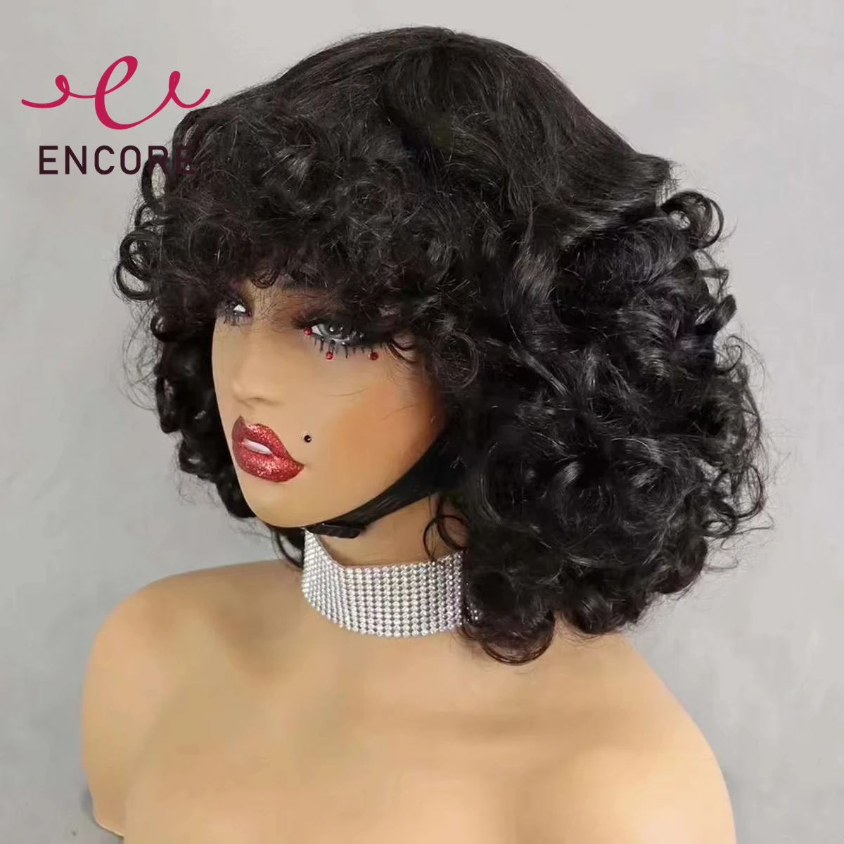 

Bouncy Curly Human Hair Wigs with Bangs 200% Density Short Natural Machine Made Curly Bob Wig with Baby Hair for Black Women