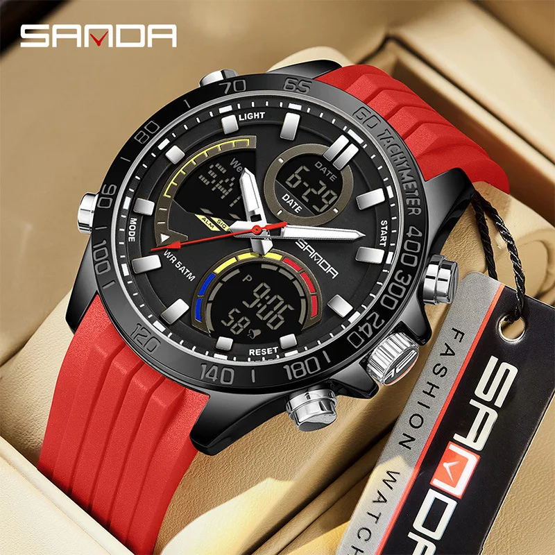 SANDA 6269 Dual Display Electronic Watch Men's Dual Movement 5ATM Waterproof Night Light Three Ground Time Student Sports Watch