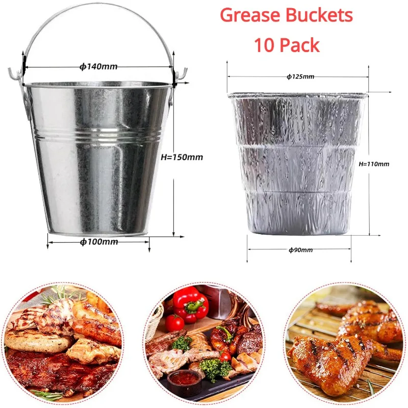 New BBQ Kit Pellet Grill Smokers Drip Grease Buckets and 10-Pack Liners for Traeger 20/22/34 Series Pit Boss Etc BBQ Accessories