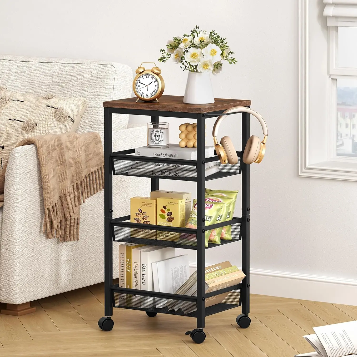 

4-Tier Rolling Kitchen Storage Cart with Wheels, Metal Frame Narrow Utility Cart for Home, Rustic Brown