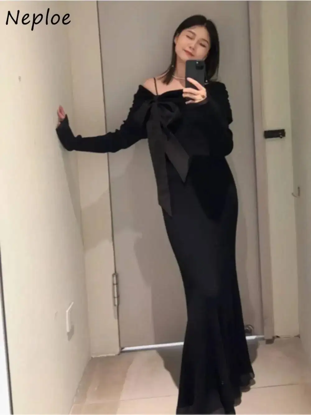 

Temperament Slash Neck Flare Sleeve Knit Dress Bow Slim Cotton Mermaid Robe Japan Exquisite Feminine Bodycon Vestidos