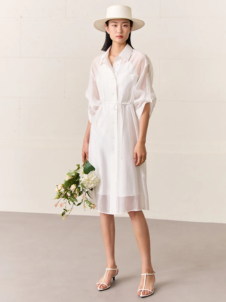 AMII Minimalism Fashion Sheer Belt Shirt Dresses for Women 2023 Summer New Solid Office Lady Elegant Camisole Vestidos 12371069