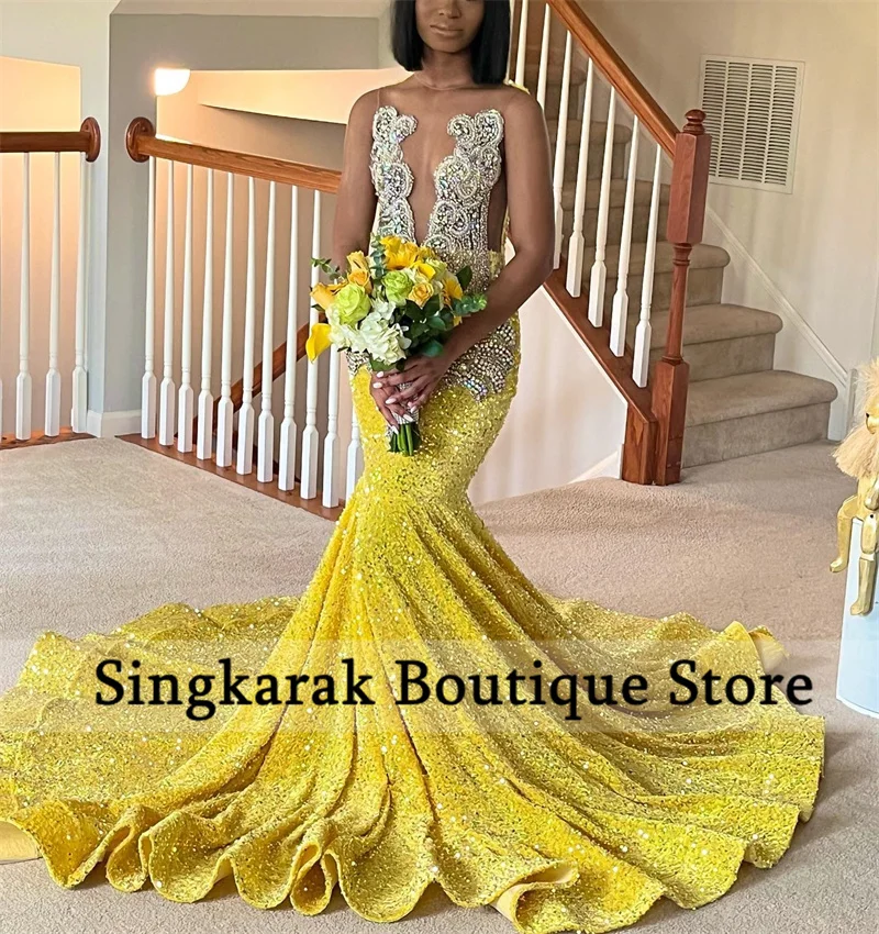 Sparkly Amarelo Sereia Prom Dress 2024 Beads Cristal Strass Vestido De Festa Aniversário Recepção De Casamento Robe De Bal Personalizado