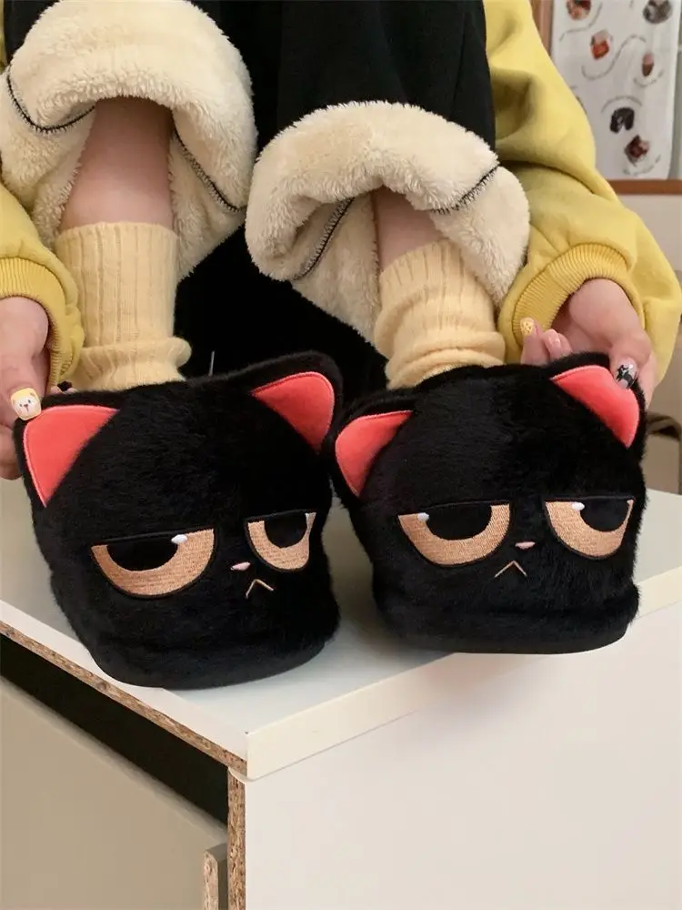 New big eyes angry kitty slippers woman indoor fuzzy shoes women\'s winter warm cat slippers floor shoes fur slides house shoes