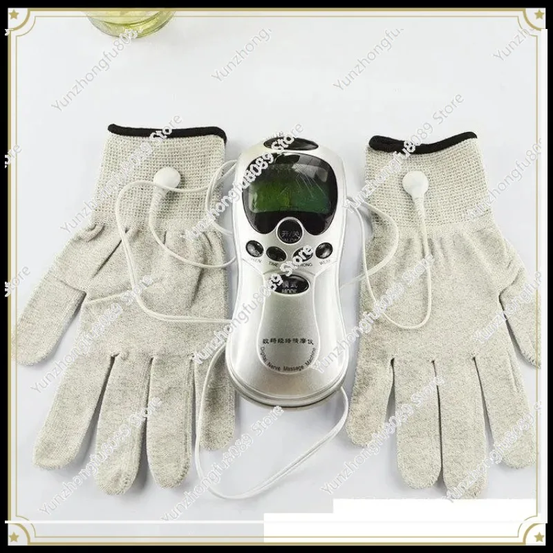 TENS EMS Muscle Electric Stimulator Acupuncture Pulse Meridian Massager with Silver Fiber Electrotherapy Massage Gloves Socks
