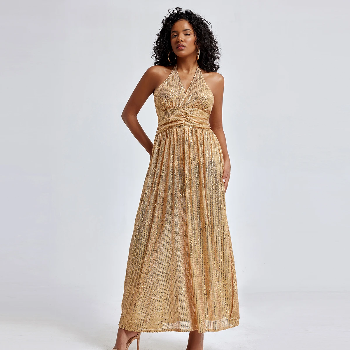 Sexy Halter Sequined Evening Dress For Women Backless Sleeveless High Split Streetwear Party Club Formal Prom Gown Vestidos