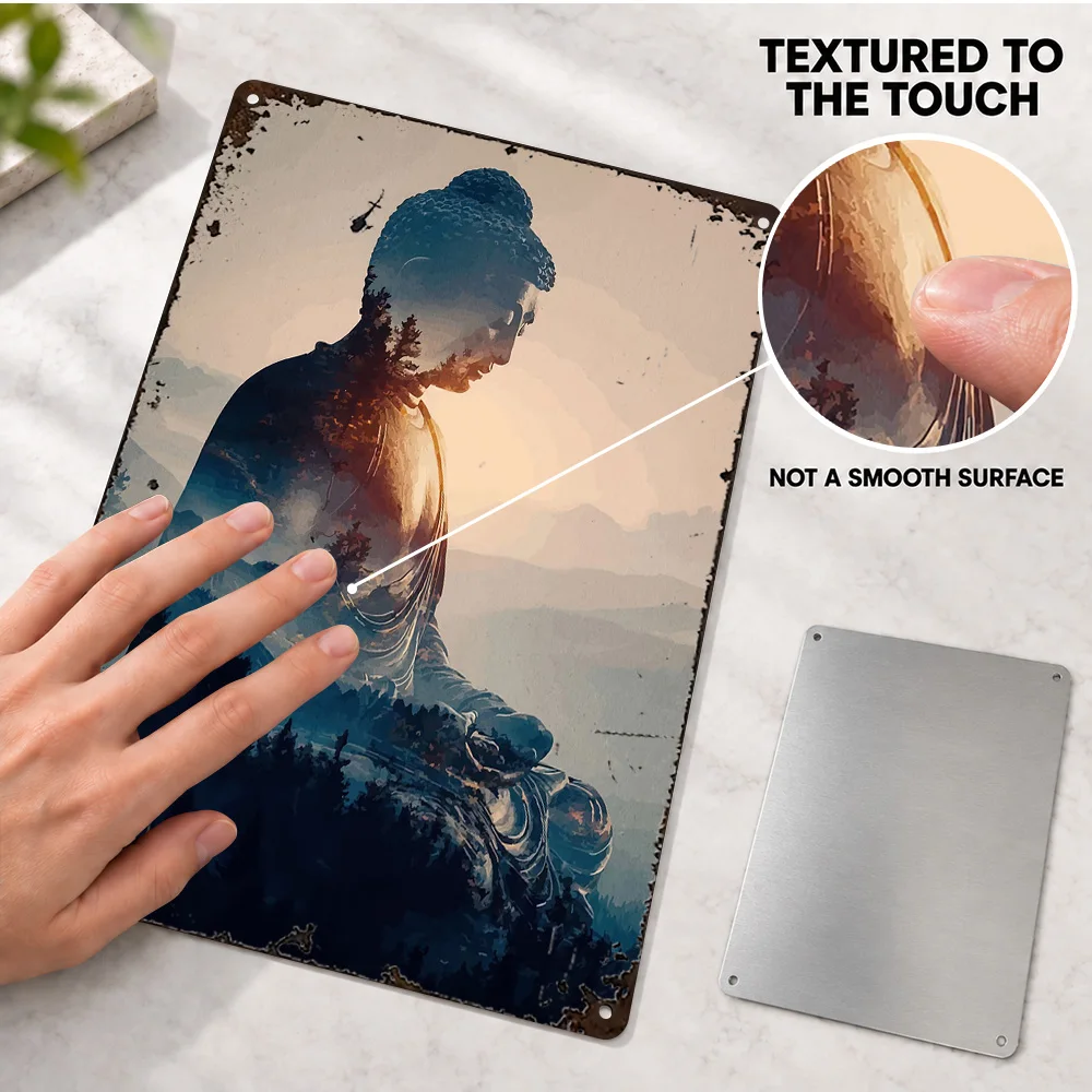 Double Exposure Buddha Mountain Landscape Printed Poster Meditative Wall Art For Yoga Studio Personalized Metal Sign Yogi Gift