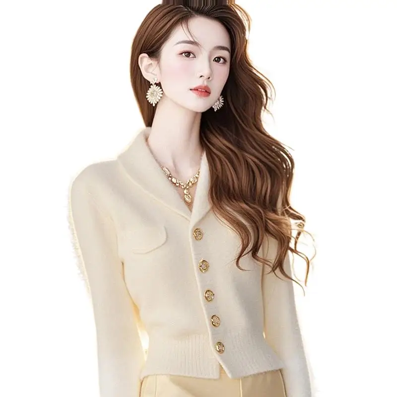 BOWEYLUN Autumn Long Sleeve Sweater Coat Top Women Spring Fashion French Style Premium Slimming Apricot Knit Cardigan Girls