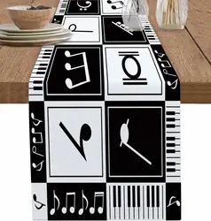 Music Note Black and White Stitching Linen Table Runner Dresser Scarf Farmhouse Kitchen Dining Table Runner Holiday Party Decor