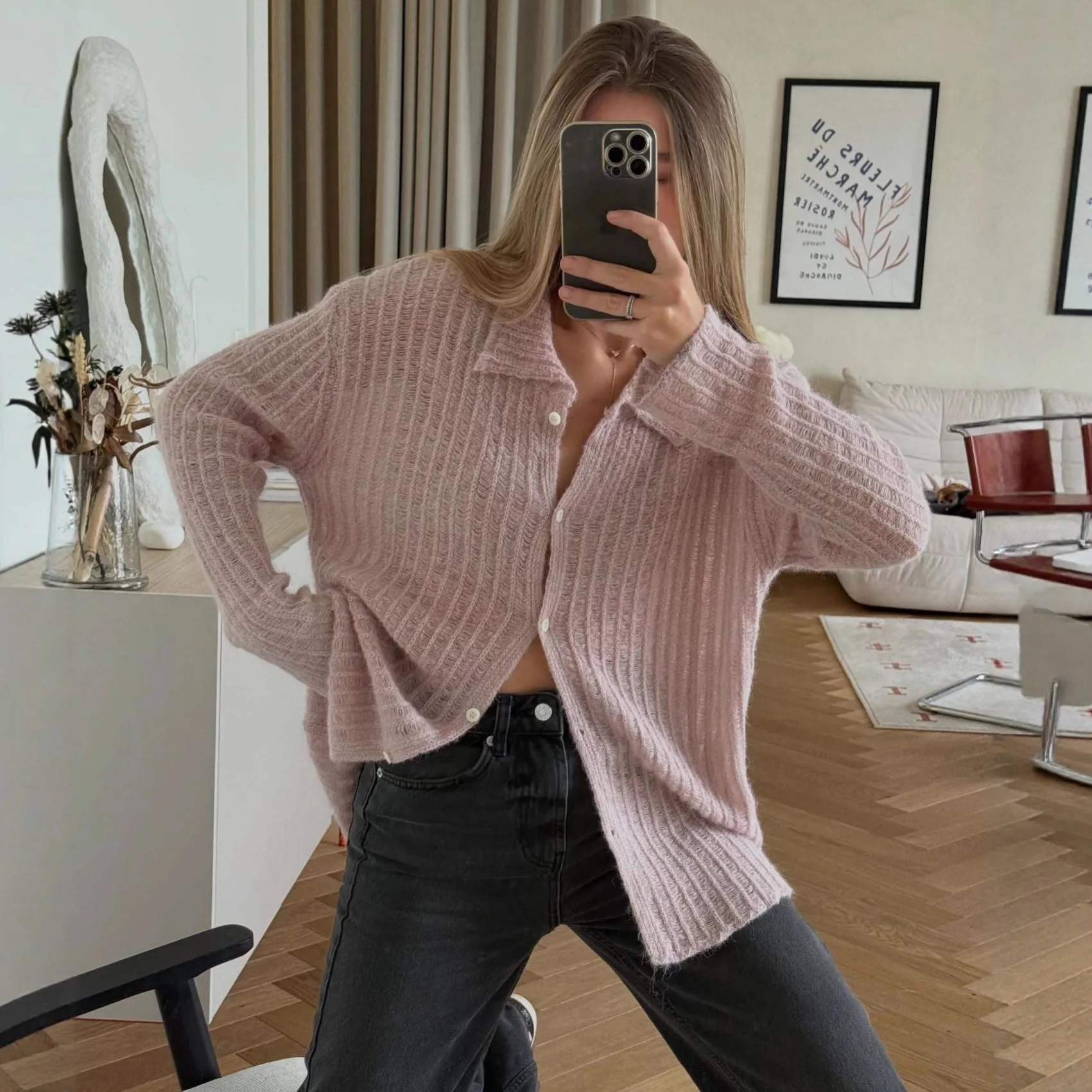 

DSMTRC Loose Polo Neck Long Sleeve Chic Sweater Coat Button Autumn New Lady Knit Tops Fashion Sheer Knitted Cardigan For Women