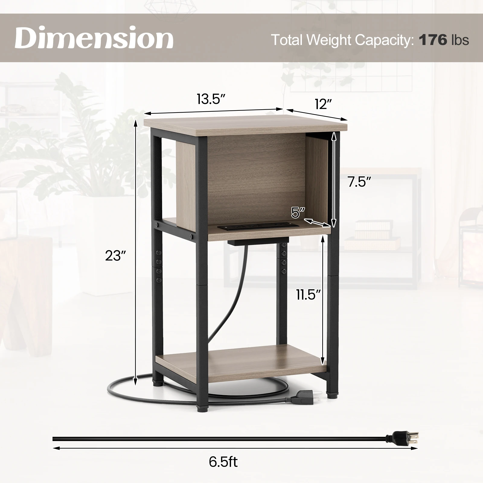 Nightstand 3-Tier End Table with Charging Station USB Ports & Power Outlets